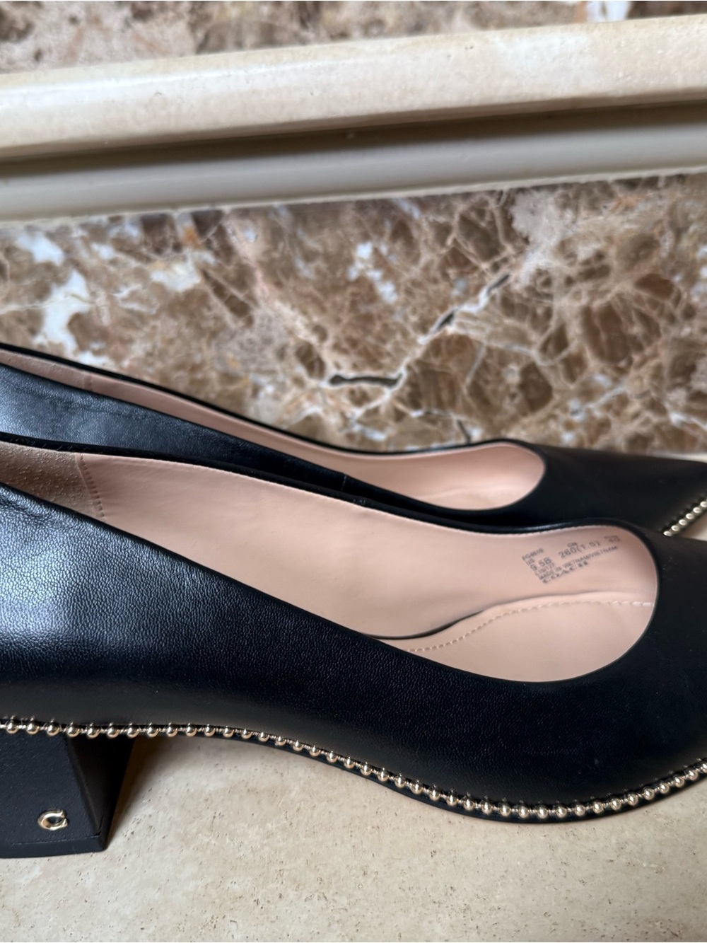 Coach Black Pointed Low Block Heel Pumps with Gold Stud Trim - Picture 6 of 16